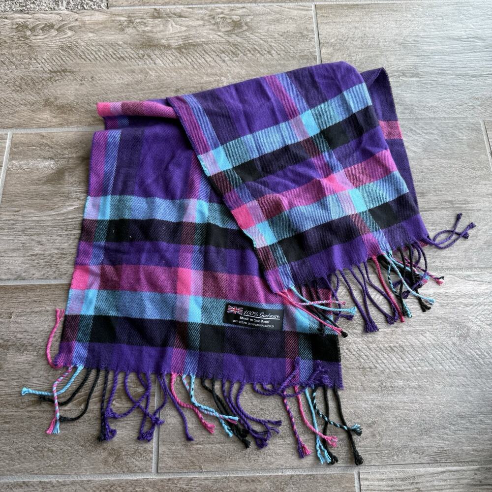 100% Cashmere Scarf Made in Scotland Purple Pink Plaid Tartan Fringe Vintage